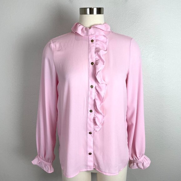 J.CREW Tops - J. Crew Womens 4 Pink Ruffle Button Up Blouse Long Sleeve Shirt Top‎